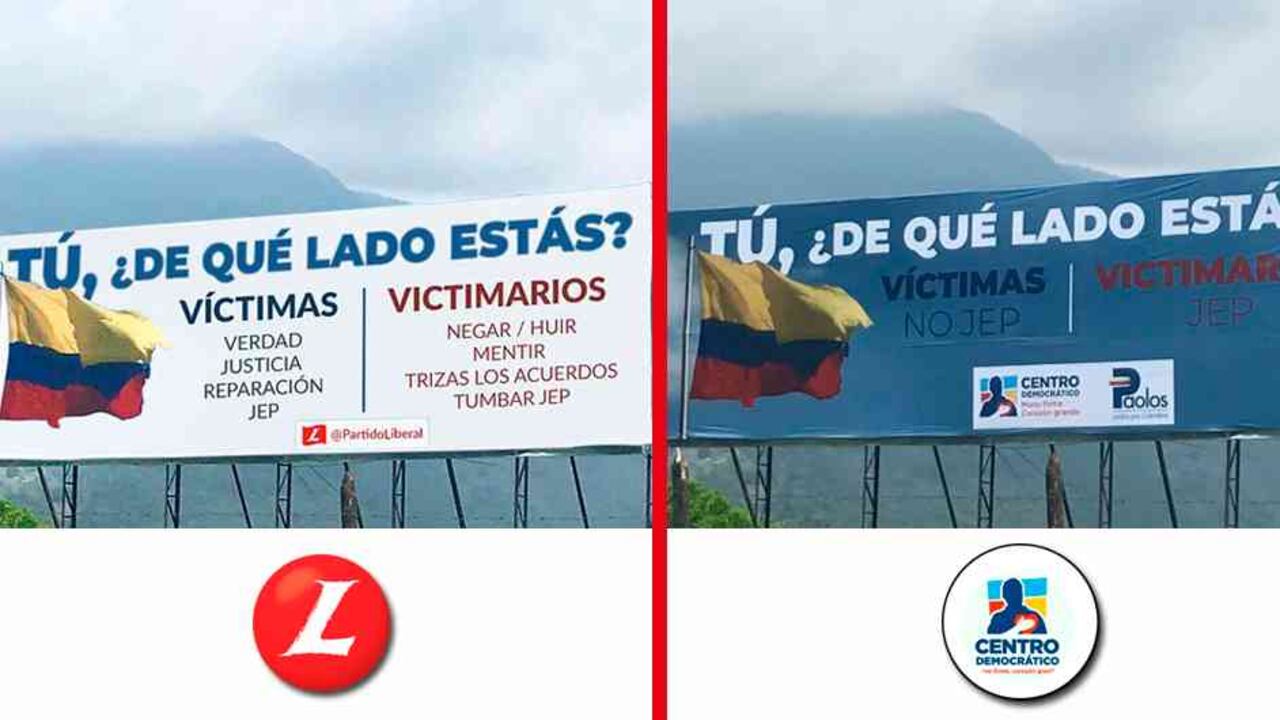 Tanto el partido Liberal como el Centro Democrático instalaron vallas sobre la JEP en Antioquia.