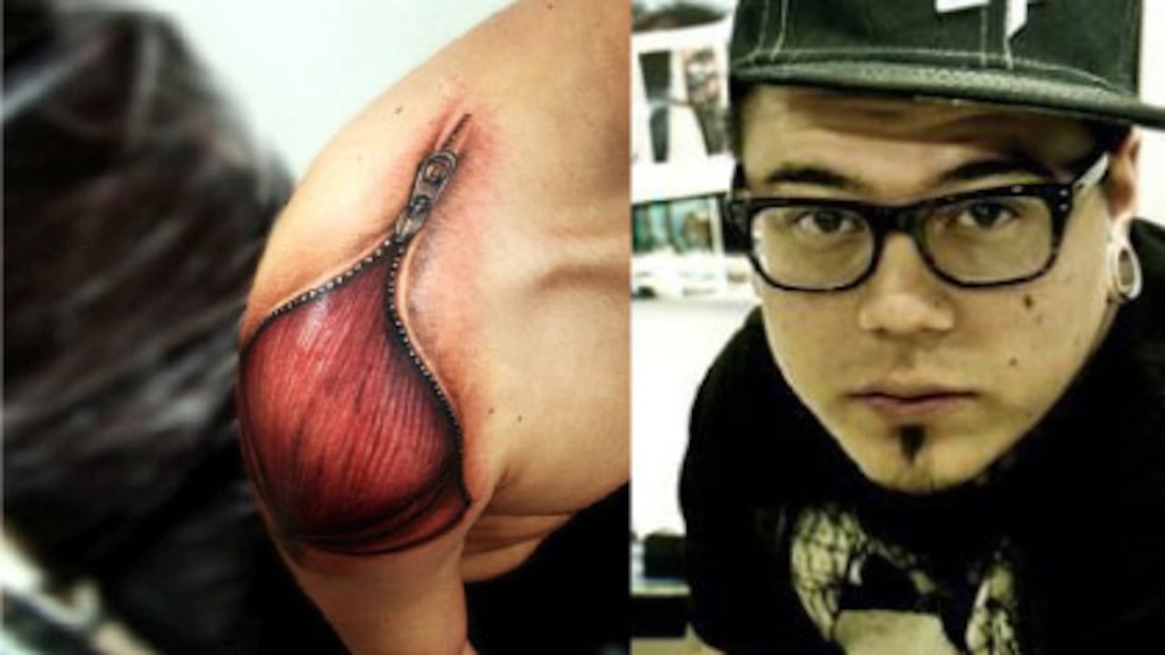 Yomico Moreno, de Puerto Cabello, Venezuela, es uno de los más reconocidos nombres en el campo del tatuaje hiperrealista. Una de sus pasiones es tatuar dibujos que simulan las diferentes capas de la piel , como se observa en esta cremallera en el hombro.