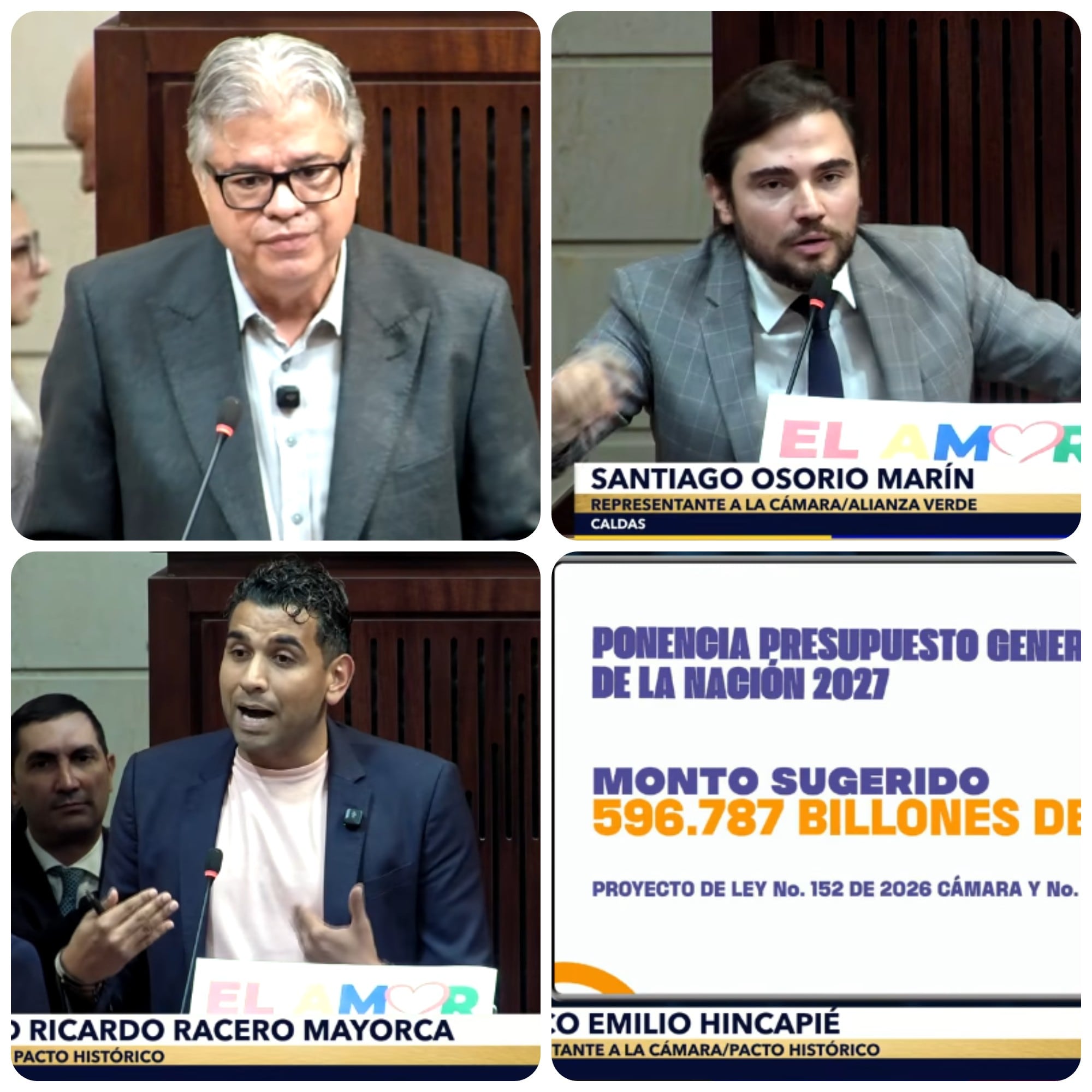 Representantes de partidos de oposición: Wilson Arias, Santiago Osorio y David Racero, sustentan propuesta presupuestal por $596,7 billones para el año entrante.