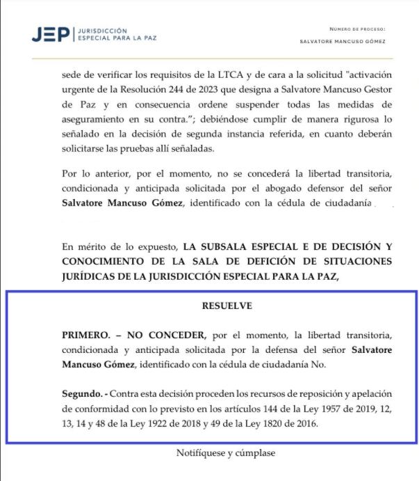 JEP le negó, por ahora, la libertad al excomandante paramilitar Salvatore Mancuso.