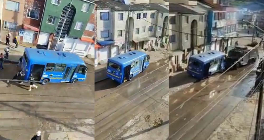Retuvieron un bus del SITP en Bogotá y lo estrellaron contra una tanqueta del ESMAD