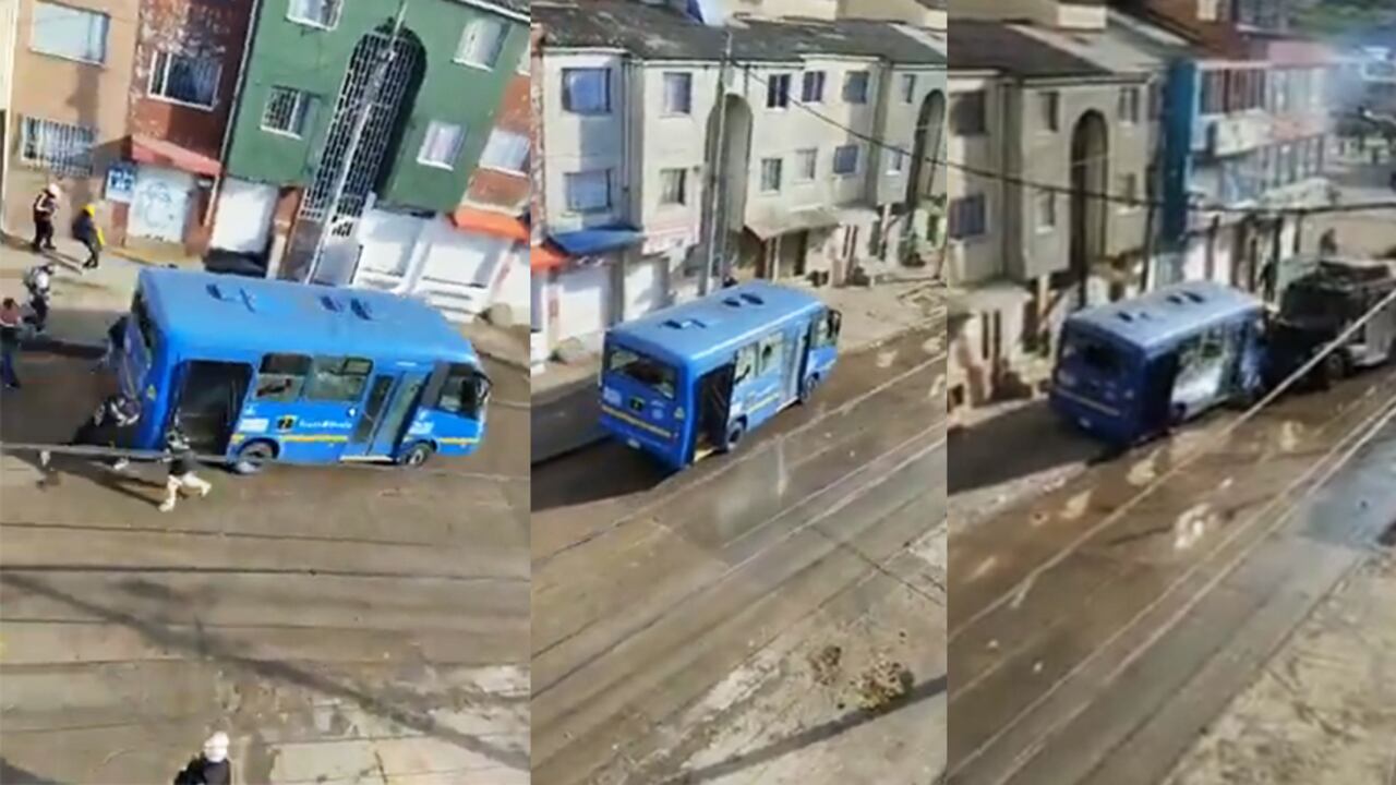 Retuvieron un bus del SITP en Bogotá y lo estrellaron contra una tanqueta del ESMAD