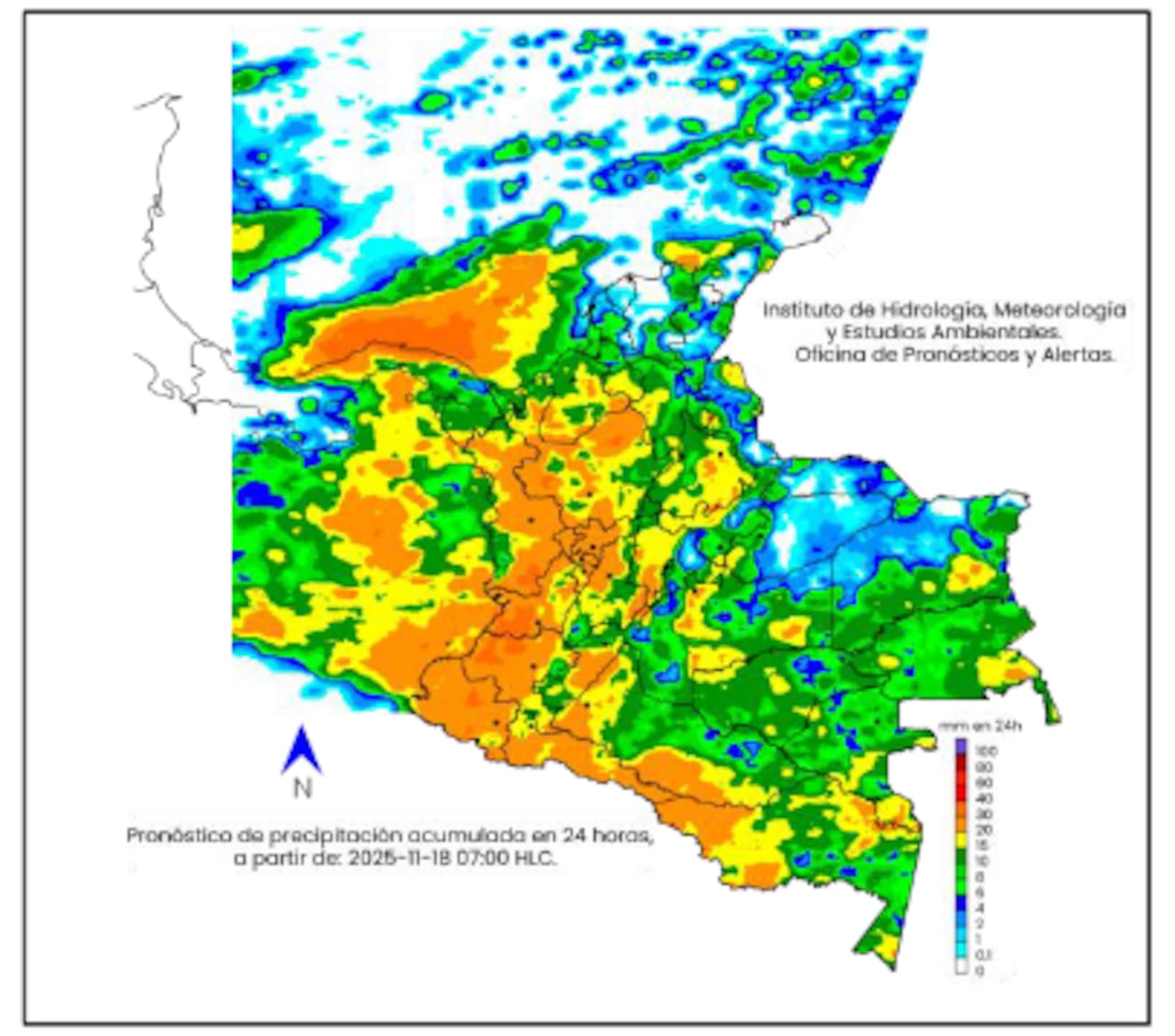 La escala de colores indica la cantidad de
precipitación acumulada - Martes 18 de noviembre de 2025
