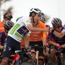 Team Bahrain's Italian rider Damiano Caruso (R) greets Team Ineos' Colombian rider Egan Bernal (L) before the start of the 10th stage of the 2021 La Vuelta cycling tour of Spain, a 189 km race from Roquetas de Mar to Rincon de la Victoria, on August 24, 2021. (Photo by JORGE GUERRERO / AFP)