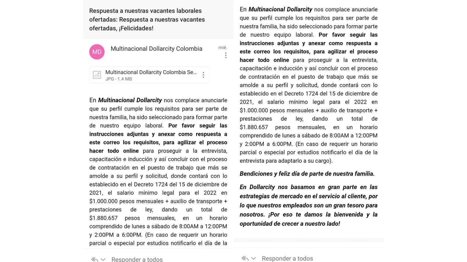 Falso correo de aceptación a la empresa Dollacity, donde requería de una suma de dinero para que el aspirante se realizara supuestos exámenes médicos.