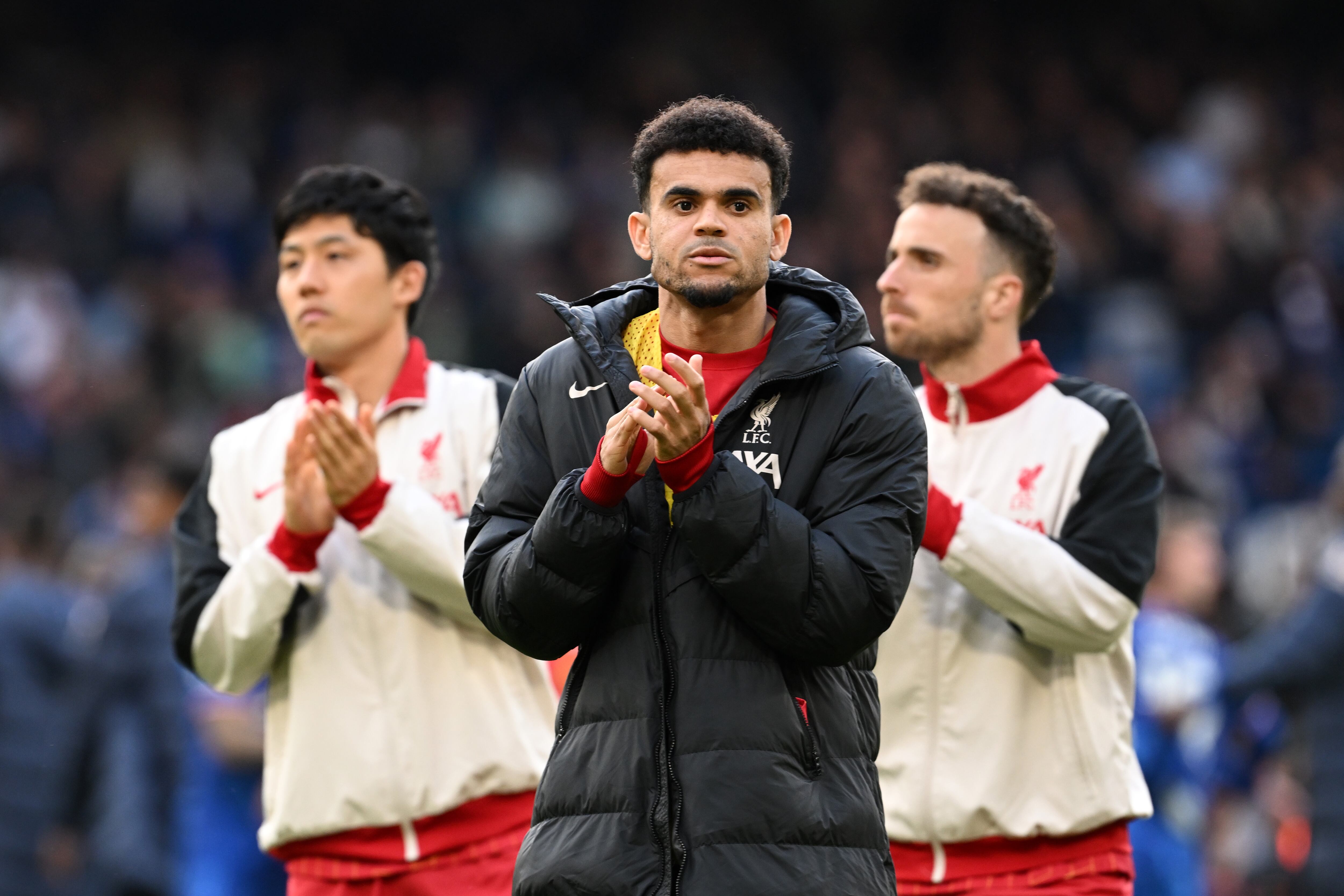 LONDON, ENGLAND - MAY 04: (THE SUN OUT, THE SUN ON SUNDAY OUT) Luis Diaz of Liverpool applauds the fans following the Premier League match between Chelsea FC and Liverpool FC at Stamford Bridge on May 04, 2025 in London, England. (Photo by Liverpool FC/Liverpool FC via Getty Images)
