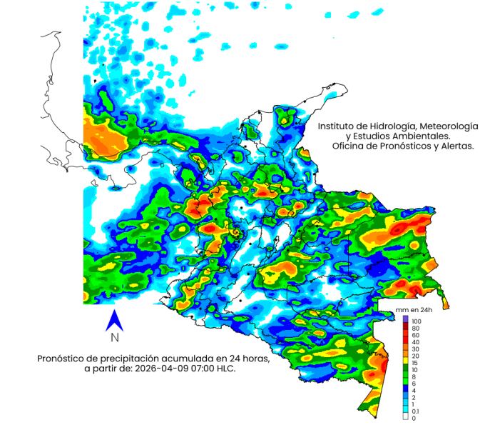 Jueves 9 de abril. La escala de colores indica la cantidad de precipitación acumulada (en milímetros).