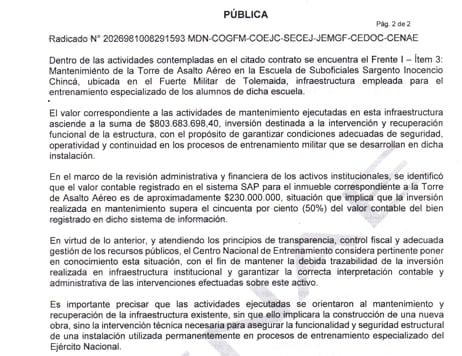 Documento que alerta posibles irregularidades en mantenimiento de torre de asalto en Tolemaida.