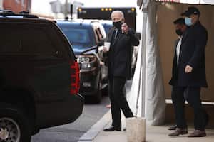 WILMINGTON, DE - JANUARY 18: U.S. President-elect Joe Biden (L) leaves The Queen theater following meetings January 18, 2021 in Wilmington, Delaware. Biden will be sworn in as the 46th president of the United States on Wednesday. (Photo by Chip Somodevilla/Getty Images)