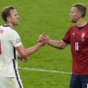 England's Harry Kane shakes hands with Czech Republic's Tomas Soucek following the Euro 2020 soccer championship group D match between the Czech Republic and England at Wembley stadium, London, Tuesday, June 22, 2021. (AP Photo/Matt Dunham,Pool)