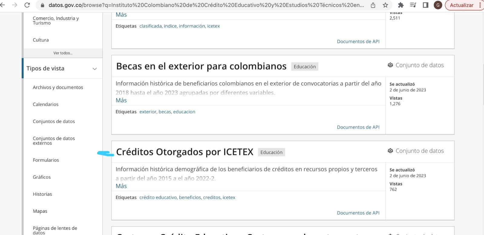 Pantallazo entregado por el Laboratorio de Economía de la Educación de la Universidad Javeriana de la ruta de donde sacaron los datos para hacer la investigación.