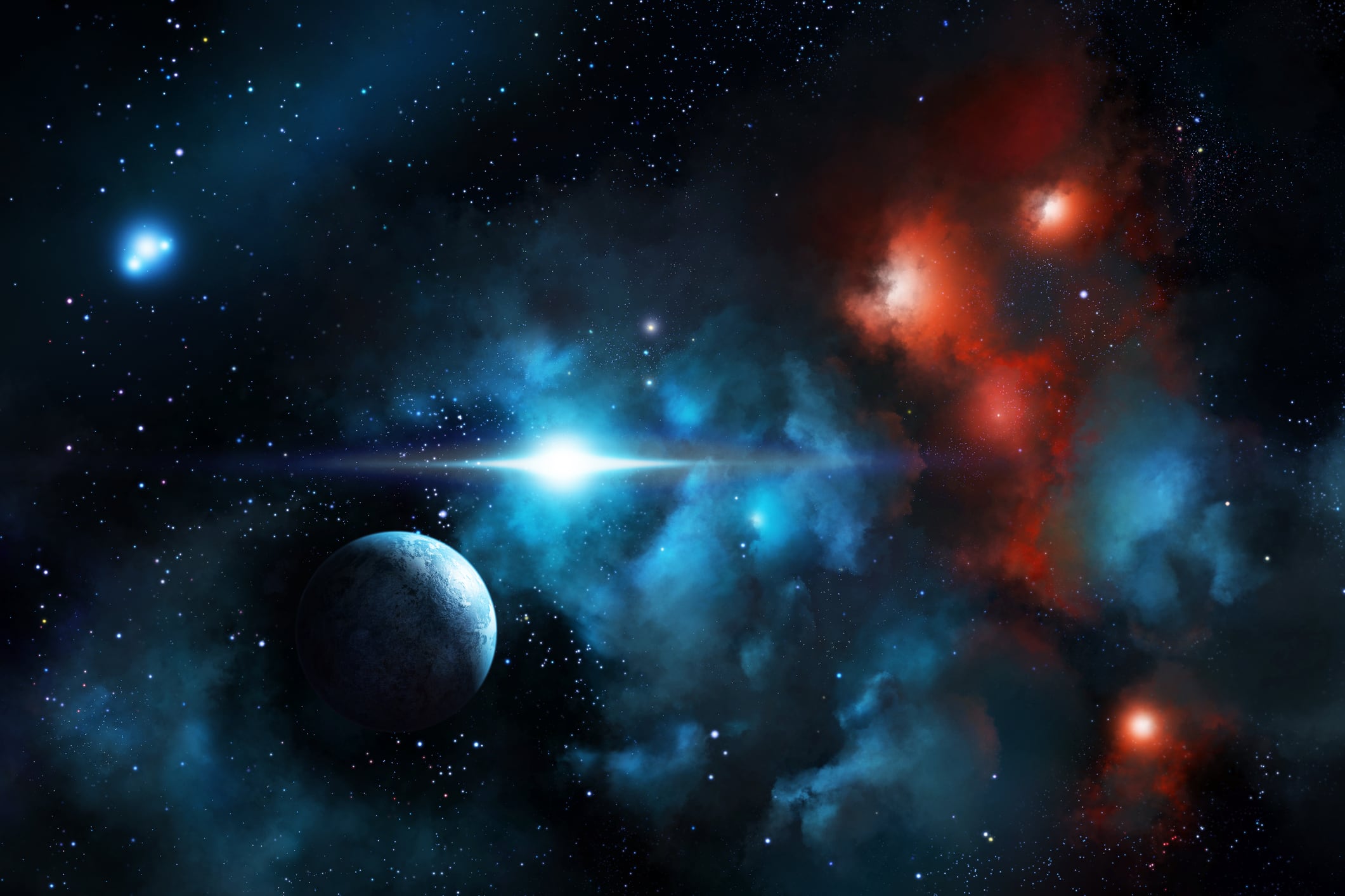 Digitally generated image of planet and nebula dust cloud.