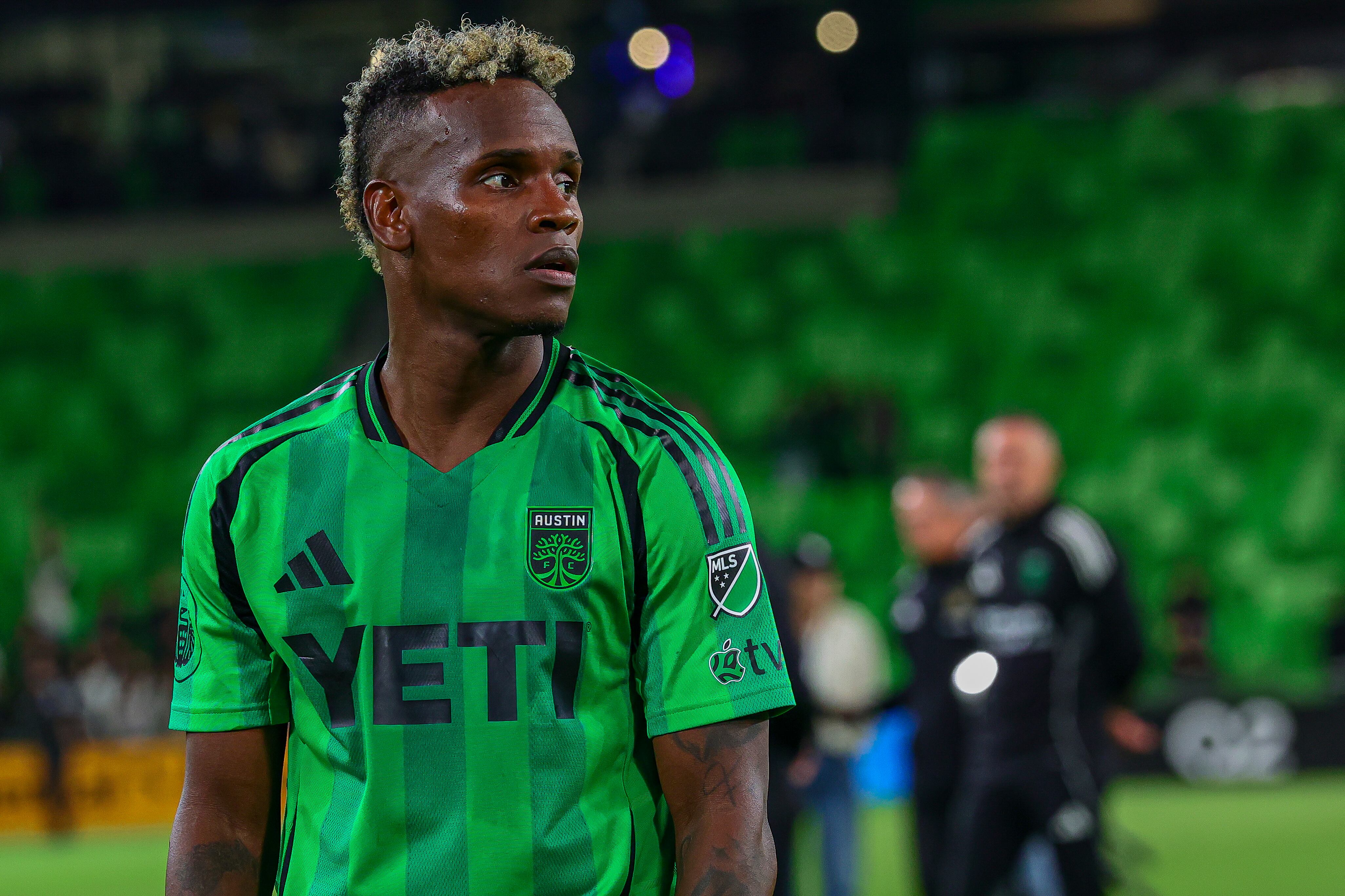 AUSTIN, TEXAS - NOVEMBER 2: Jáder Obrian #7 of Austin FC gestures at the supporters section after a playoff series ending loss against the Los Angeles Football Club at Q2 Stadium on November 2, 2025 in Austin, Texas. (Photo by Daniel Jefferson/Getty Images)