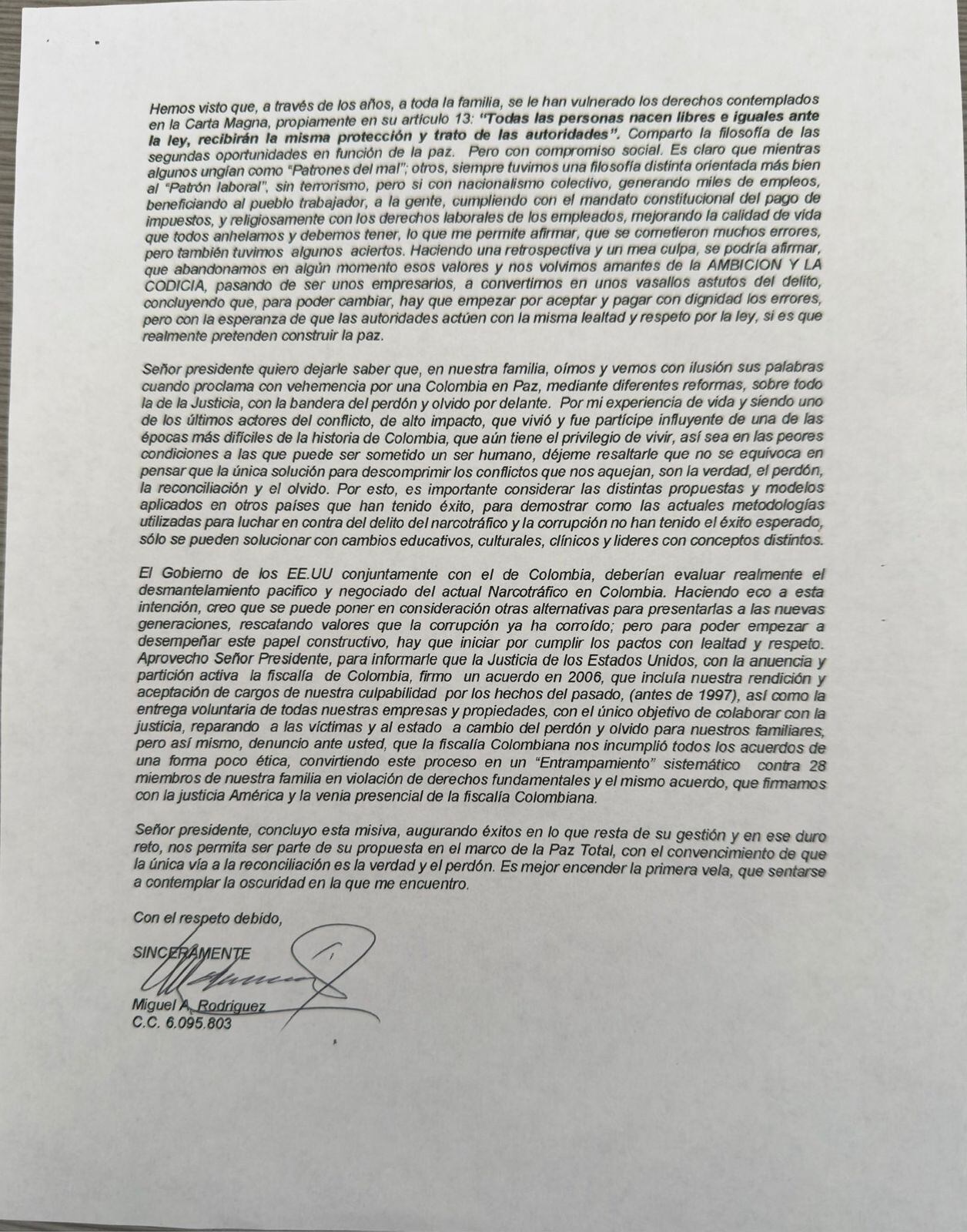 Carta de Miguel Rodríguez Orejuela, exjefe del Cartel de Cali, al presidente Gustavo Petro