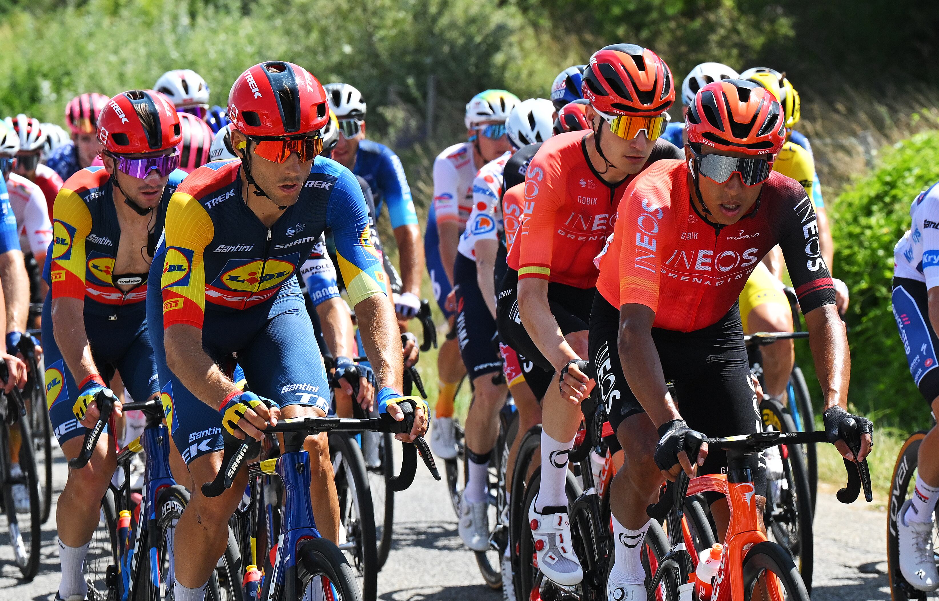 SUPERDEVOLUY - LE DEVOLUY, FRANCE - JULY 17: (L-R) Carlos Verona Quintanilla of Spain and Team Lidl - Trek, Carlos Rodriguez Cano of Spain and Egan Bernal of Colombia and Team INEOS Grenadiers compete during the 111th Tour de France 2024, Stage 17 a 177.8km stage from Saint-Paul-Trois-Chateaux to Superdevoluy 1500m / #UCIWT / on July 17, 2024 in Superdevoluy - Le Devoluy, France. (Photo by Tim de Waele/Getty Images)