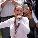 La líder opositora María Corina Machado habla durante una manifestación en Caracas, Venezuela, el sábado 3 de agosto de 2024. (Foto AP/Matías Delacroix)