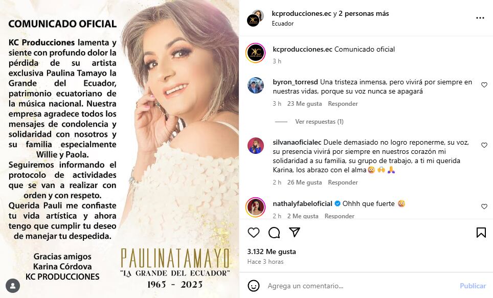 KC Producciones se pronunció sobre el fallecimiento de Paulina Tamayo.