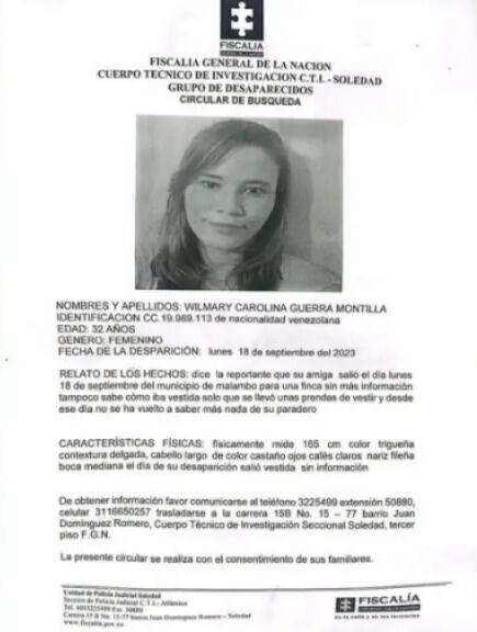 Wilmary Carolina Guerra Montilla, de 32 años de edad, estaba desaparecida.