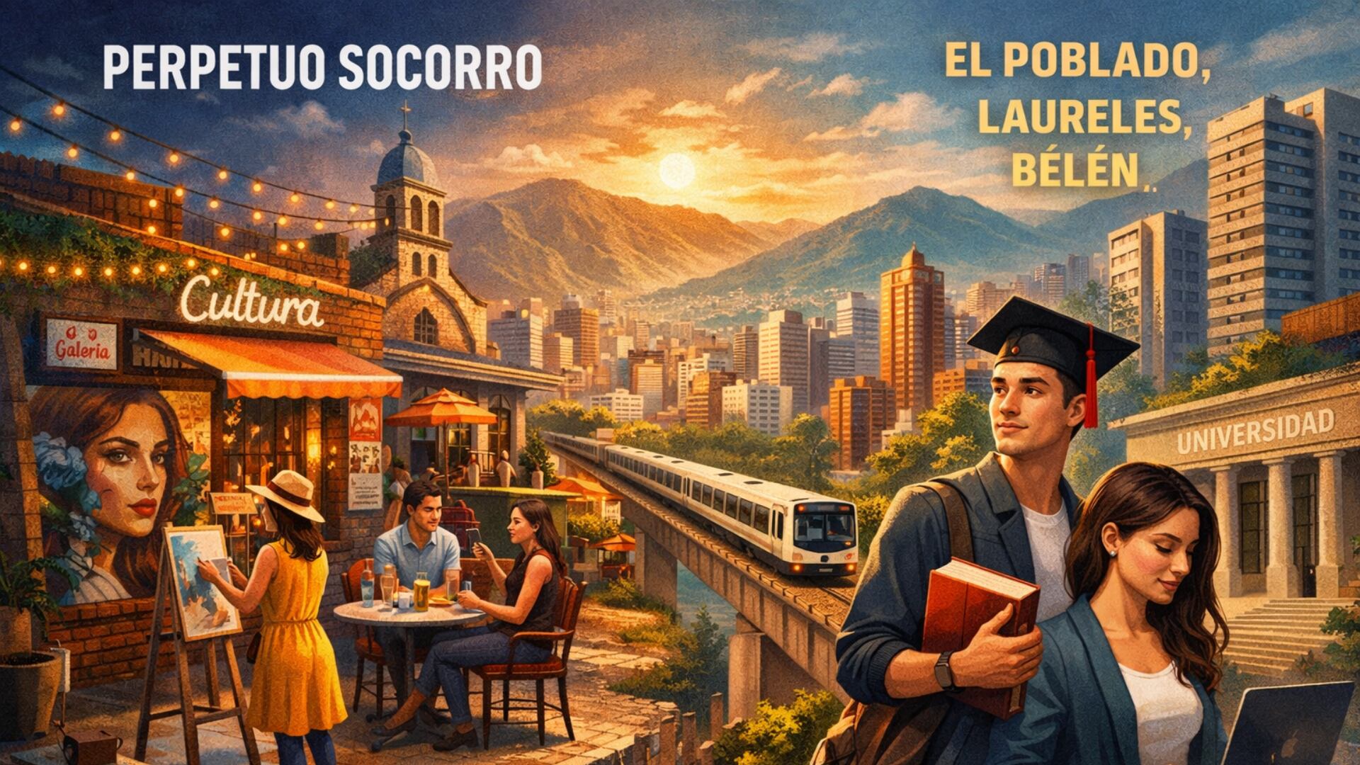 Ilustración editorial sobre los barrios Perpetuo Socorro, El Poblado, Laureles y Belén, que destaca el contraste entre el distrito creativo y las zonas con mayor concentración de población académica en Medellín.
