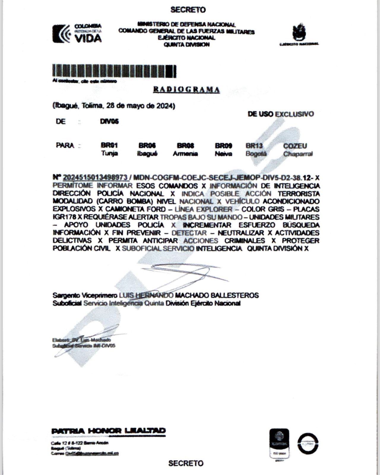 Radiograma Ejército Nacional alertando de carro bomba en seis ciudades del país.