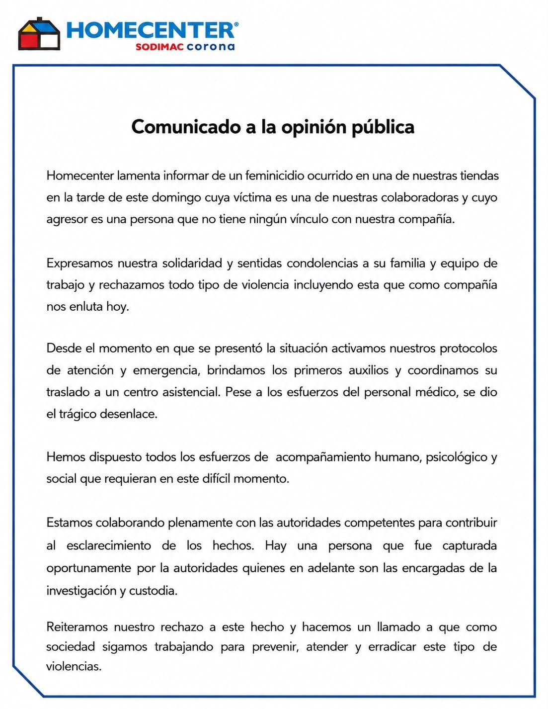 Homecenter se pronuncia ante el feminicidio de Rosa Mayerly Olaya Coronado en sus intalaciones.