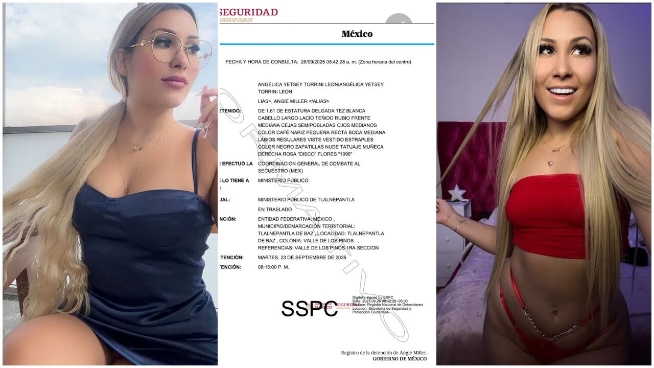 La modelo venezolana Angie Miller y, en el centro, su registro de detención