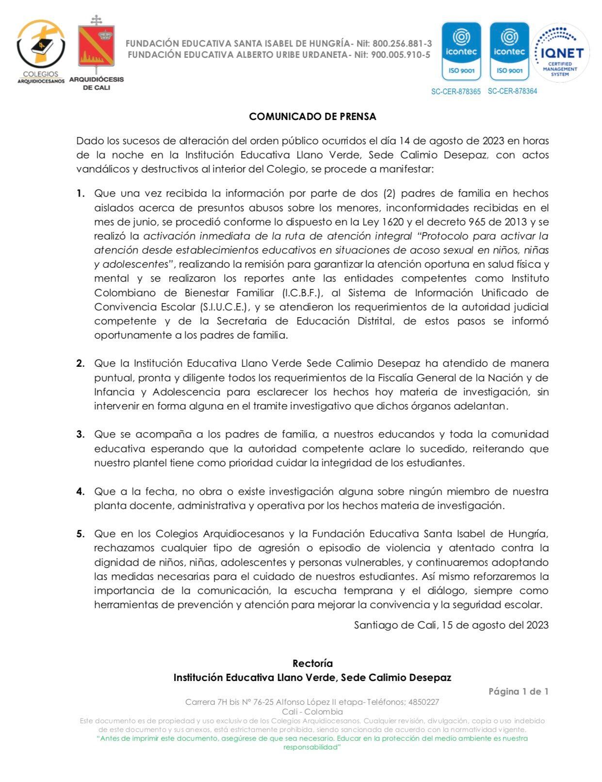 Este es el comunicado emitido por la institución educativa.