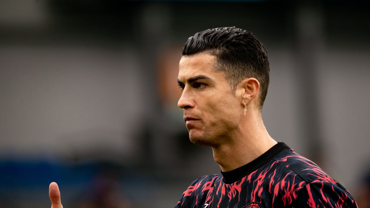BRIGHTON, ENGLAND - MAY 07: Cristiano Ronaldo of Manchester United warms up ahead of the Premier League match between Brighton & Hove Albion and Manchester United at American Express Community Stadium on May 07, 2022 in Brighton, England. (Photo by Ash Donelon/Manchester United via Getty Images)