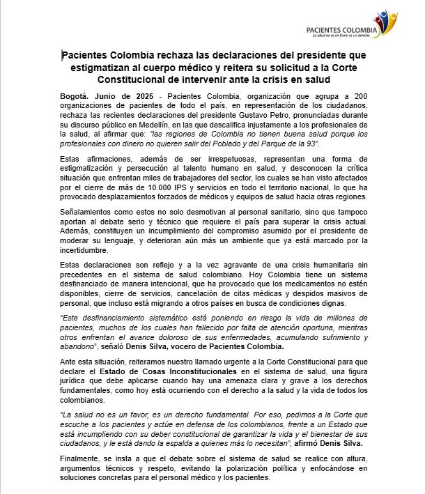Comunicado oficial de Pacientes Colombia