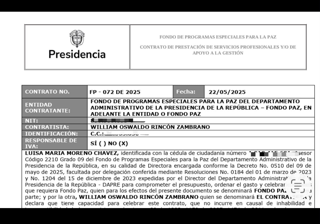 Contrato del general William Rincón con la oficina de Otty Patiño, alto comisionado de paz.