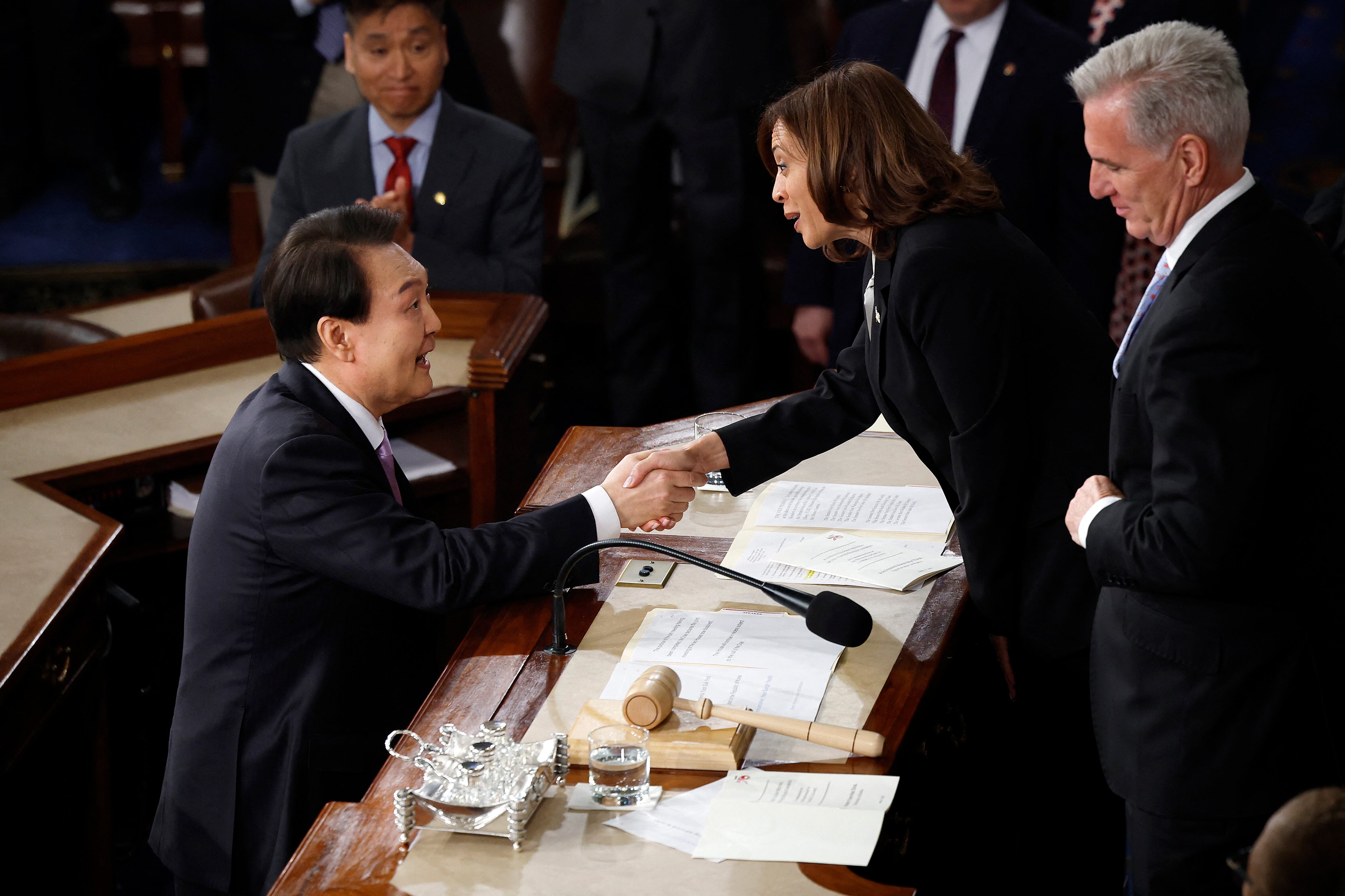 El presidente surcoreano celebró en el Congreso su alianza con el gobierno de Estados Unidos. Foto: AFP.