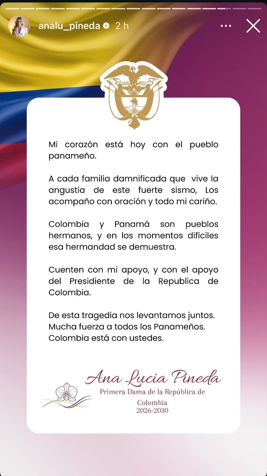 Mensaje de la primera dama de Colombia en su cuenta de Instagram para Panamá.