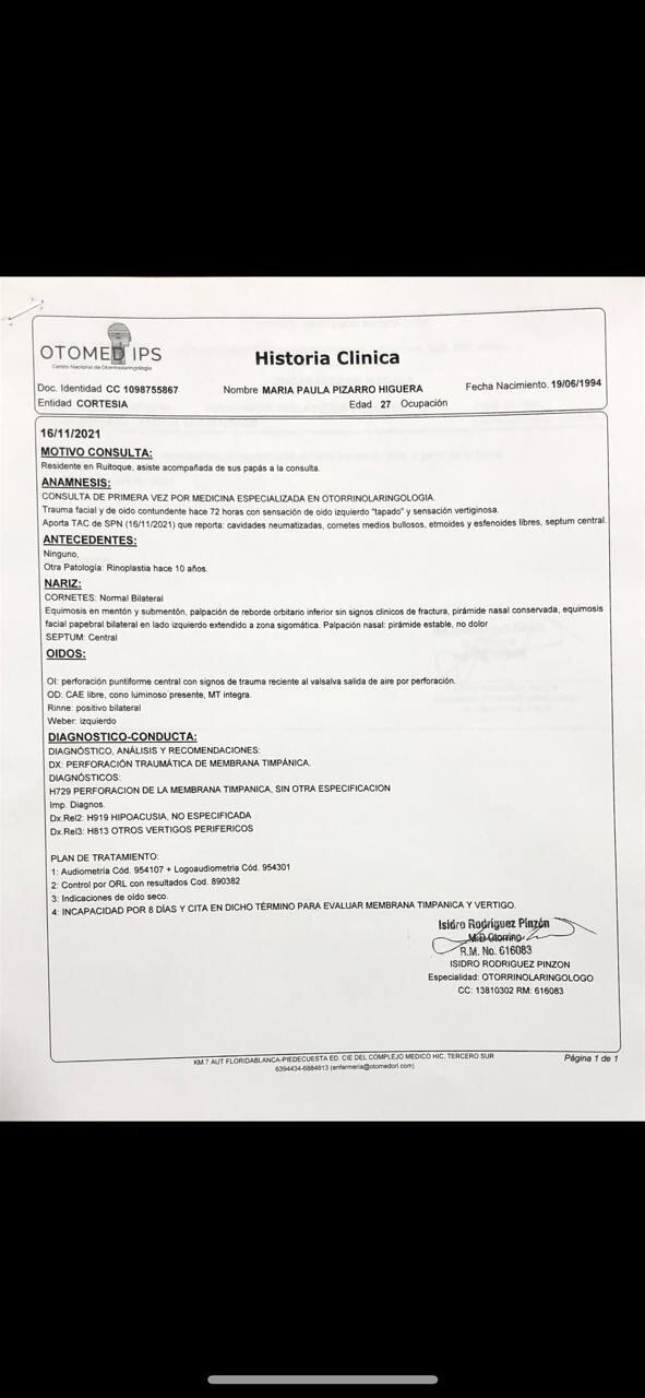 Historia clínica de María Paula Pizarro.