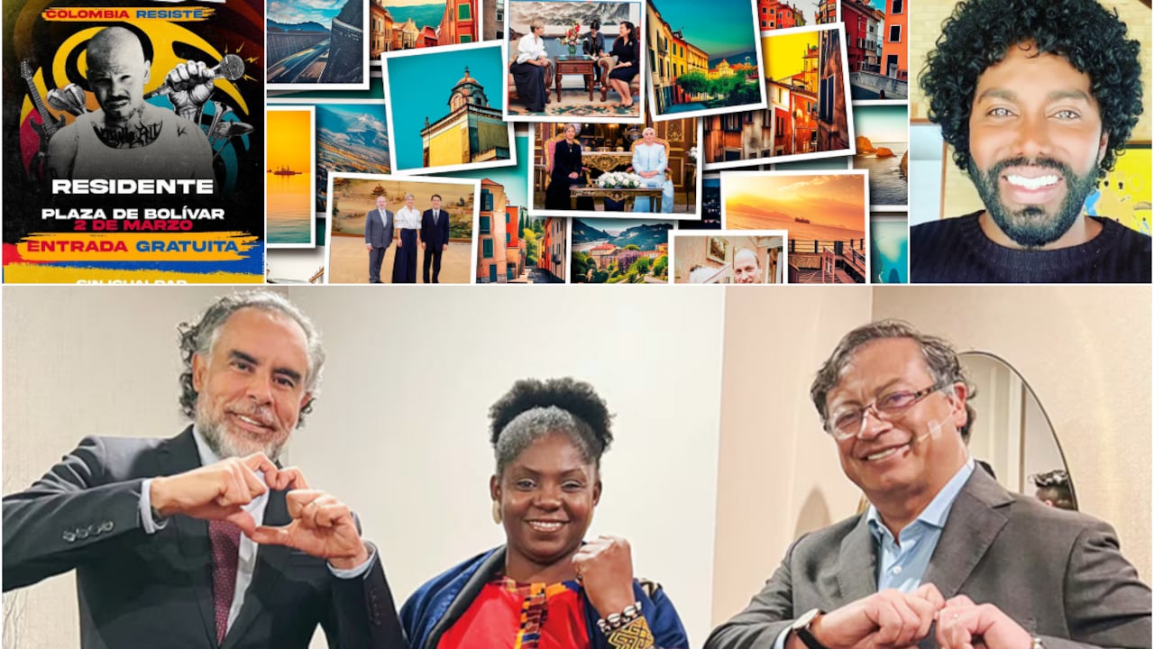 De izquierda a derecha y de arriba a abajo: El póster promocional del concierto de Residente, los viajes de Verónica Alcocer, el masajista Nerú Martínez.
Abajo: Armando Benedetti, exembajador; Francia Márquez, vicepresidenta y Gustavo Petro, presidente de Colombia
