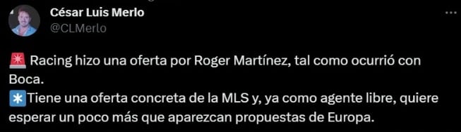 Información de Cesar Luis Merlo sobre el colombiano Roger Martínez.