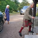 Britain's King Charles III, and Queen Camilla, background left, arrive at Crathie Parish Church for a church service to mark the first anniversary of the death of Queen Elizabeth II, near Balmoral, Scotland, Friday, Sept. 8, 2023. (Andrew Milligan/Pool Photo via AP)