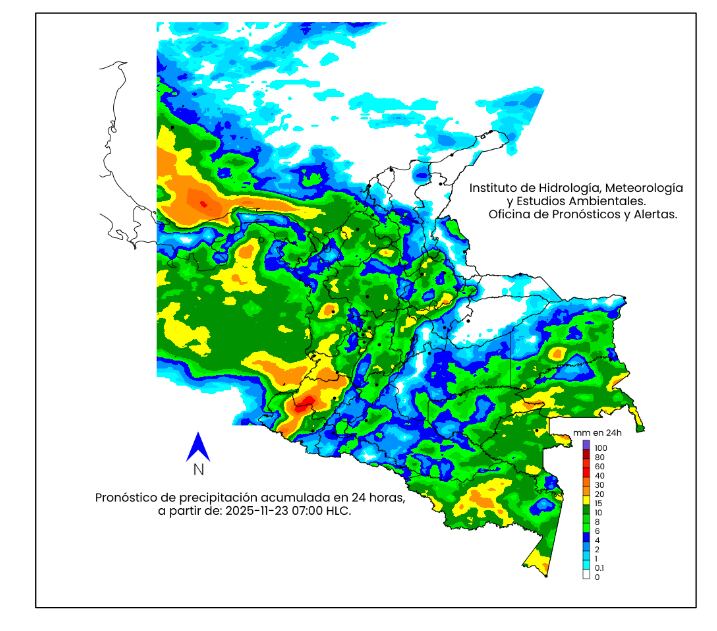 La escala de colores indica la cantidad de
precipitación acumulada (en milímetros). el domingo 23 de noviembre de 2025