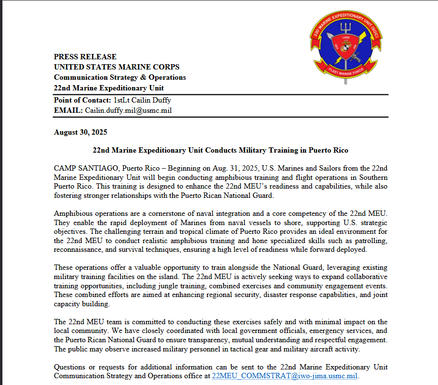 Comunicado de la Marina de Estados Unidos