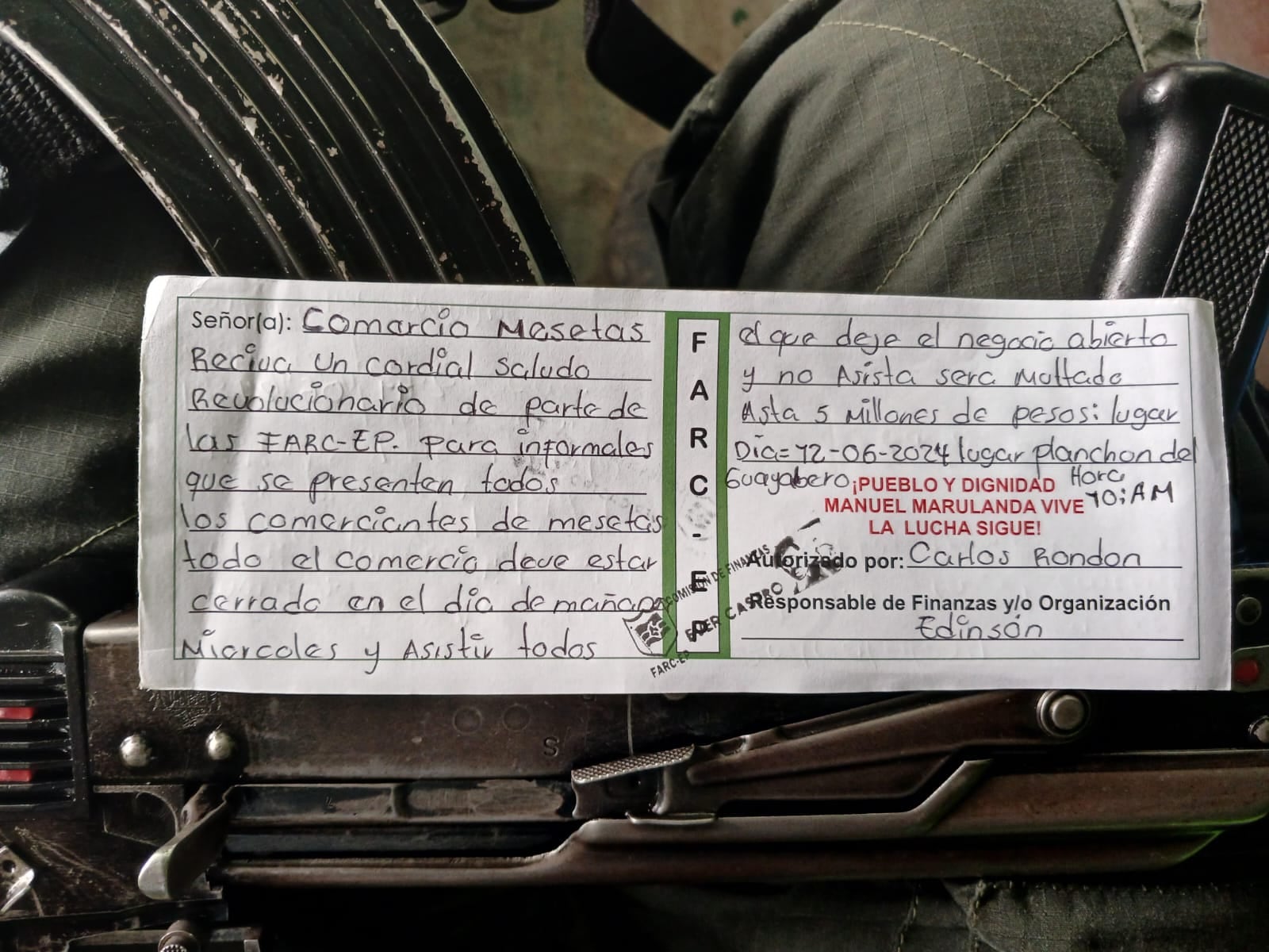 Panfleto amenazante contra comerciantes de Mesetas