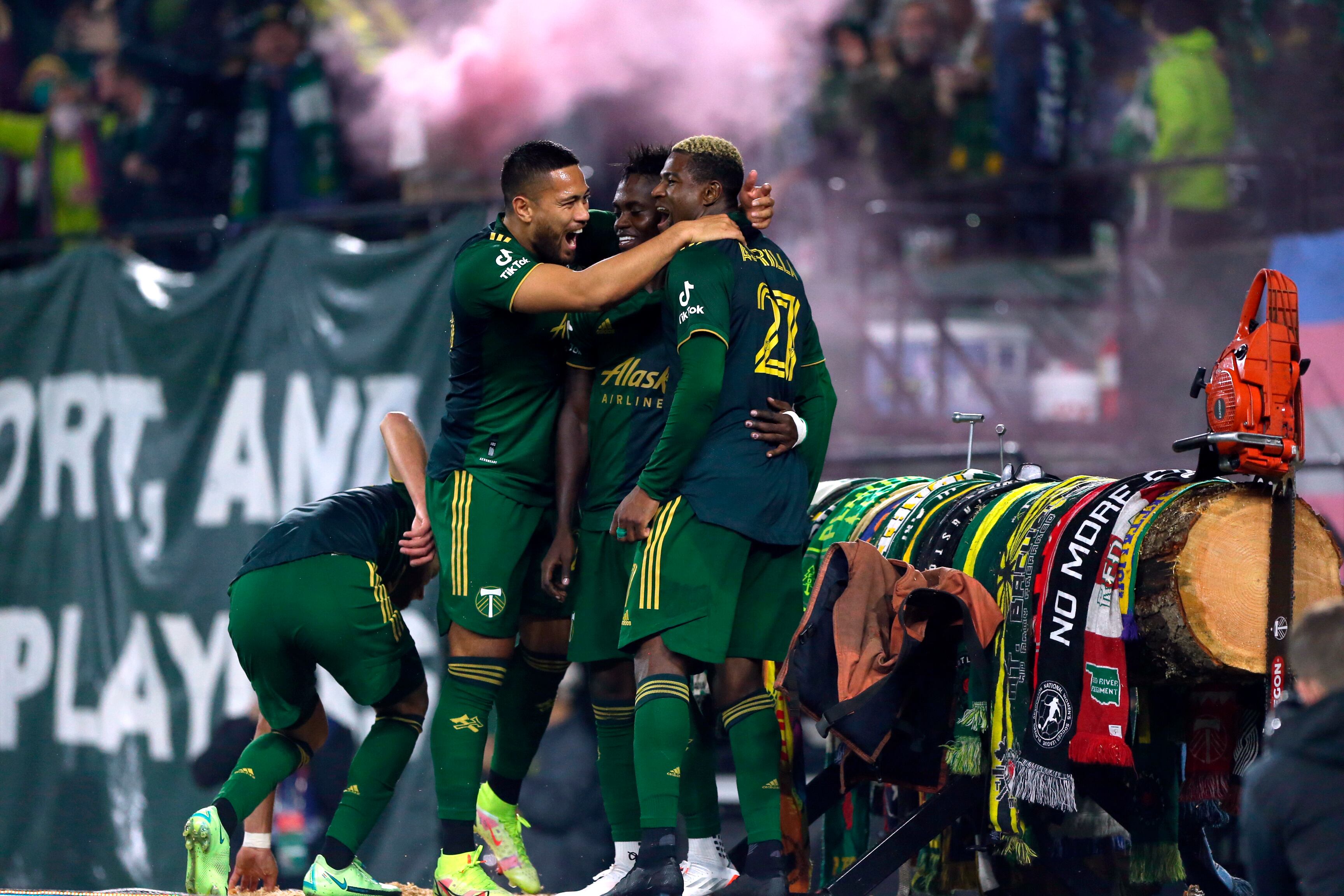 Portland Timbers forward Dairon Asprilla (27) celebrates with teammates after his goal during an MLS soccer game against the San Jose Earthquakes Wednesday, Oct. 27, 2021 in Portland, Ore. (Sean Meagher/The Oregonian via AP)