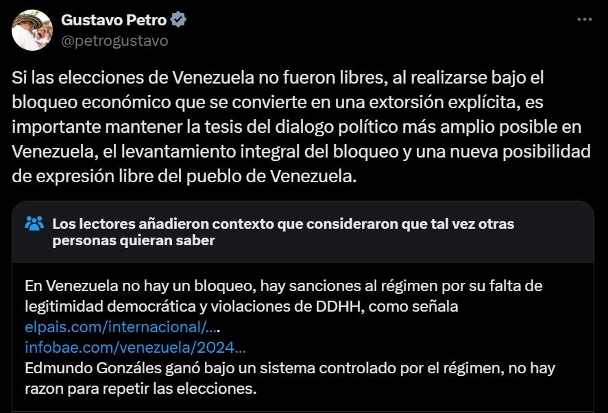 Los lectores de X agregaron contexto al trino del presidente Gustavo Petro sobre las elecciones en Venezuela.
