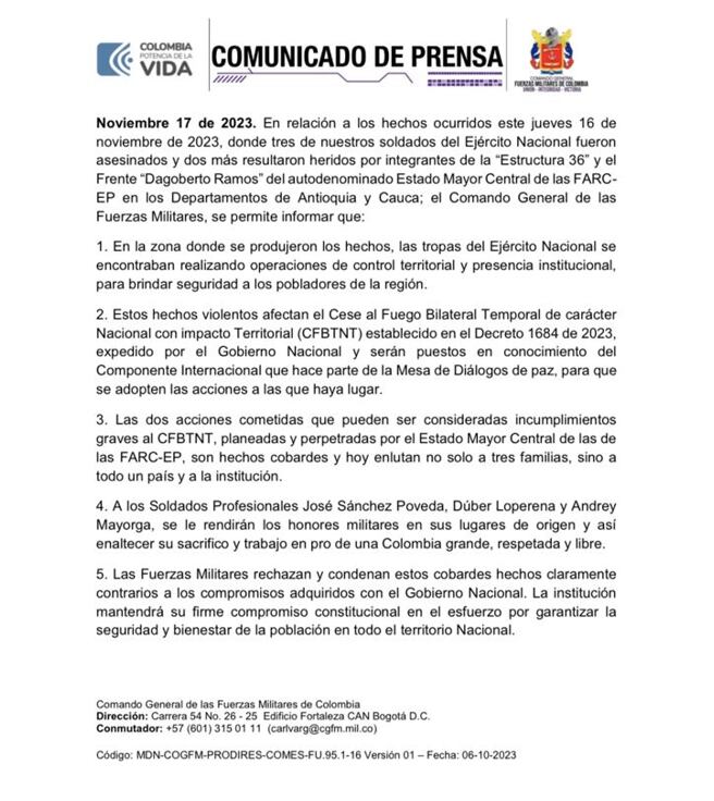Comunicado del Ejército Nacional tras el asesinato de tres soldados en Antioquia y Cauca a manos de las disidencias de las Farc