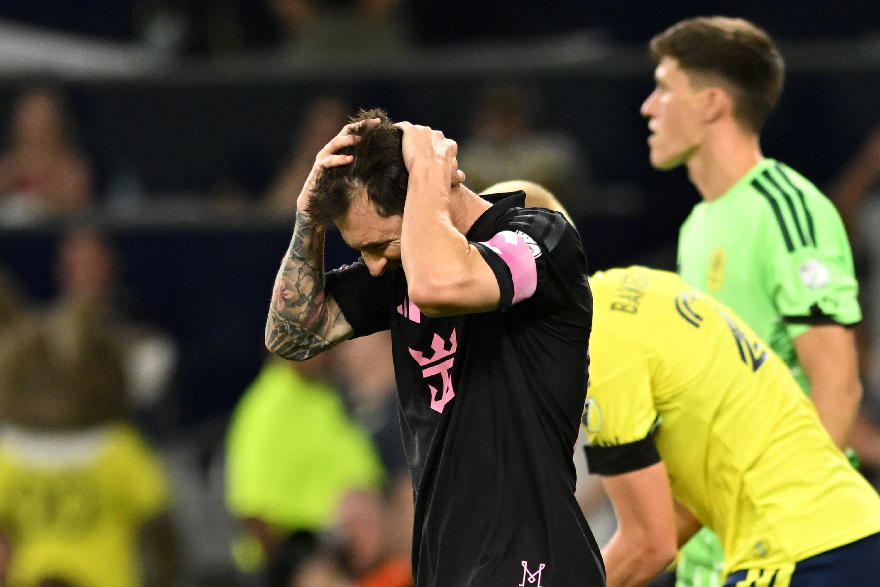 NASHVILLE, TENNESSEE - AUGUST 15: Lionel Messi #10 of Inter Miami CF reacts after missing a penalty during the MLS match between Nashville SC v Inter Miami CF at GEODIS Park on August 15, 2026 in Nashville, Tennessee. (Photo by Carly Mackler/Getty Images)