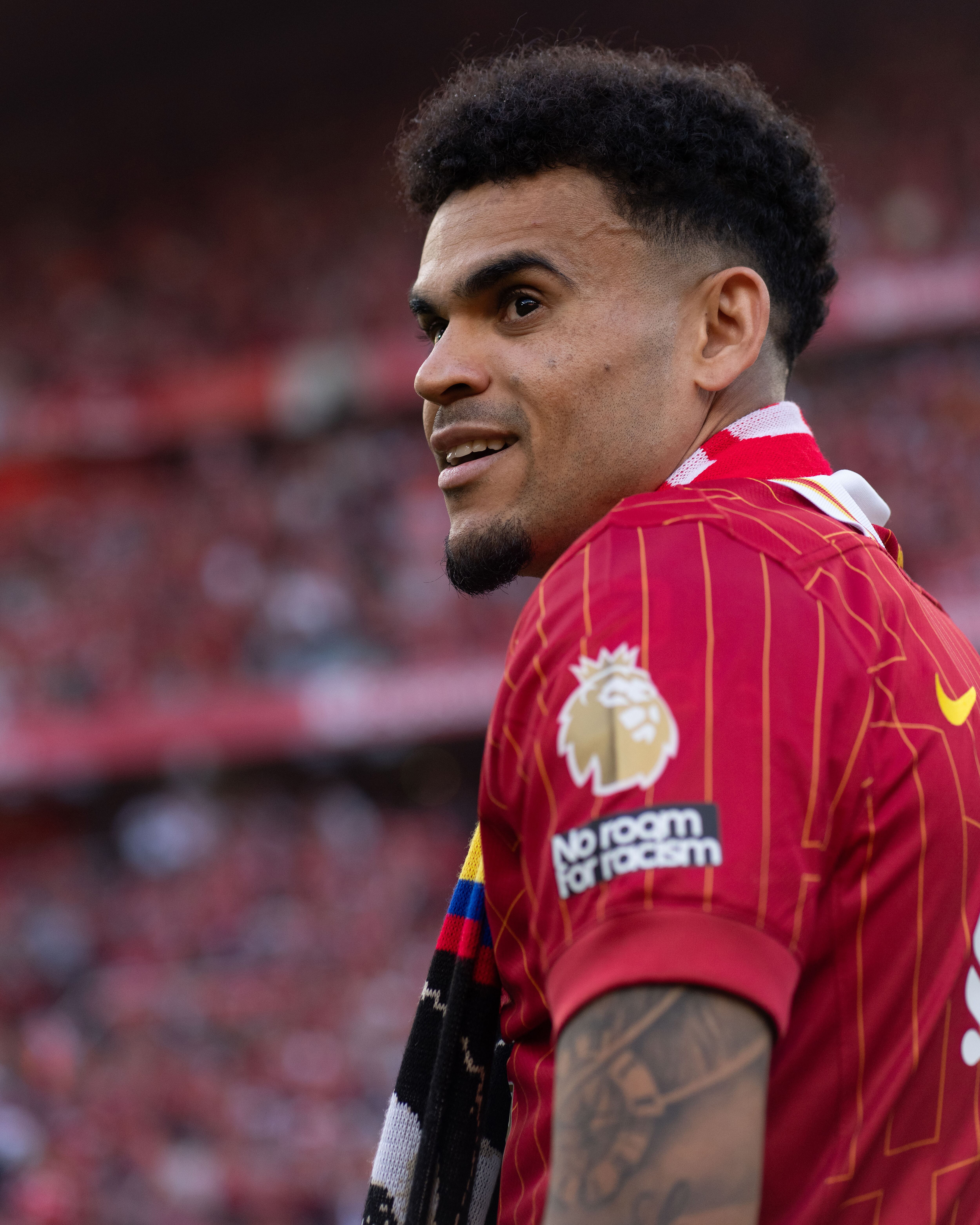 Liverpool's Luis Diaz is seen during the celebrations after the Premier League match between Liverpool and Tottenham Hotspur at Anfield in Liverpool, England, on April 27, 2025. (Photo by Steven Halliwell | MI News/NurPhoto via Getty Images)