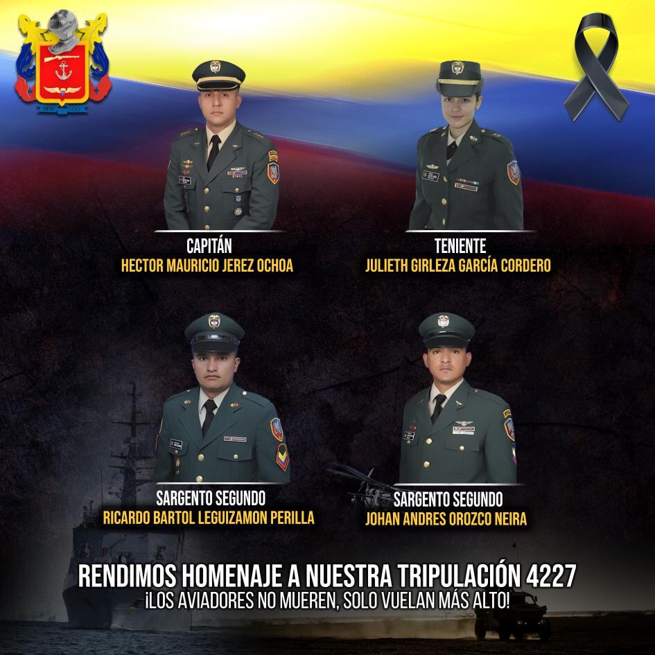 Fuerzas Militares de Colombia lamentan muerte de tripulantes del helicóptero que colisionó en Chocó.
