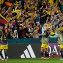 Las jugadoras de Colombia celebran después del partido de fútbol del Grupo H de la Copa Mundial Femenina entre Alemania y Colombia en el Estadio de Fútbol de Sydney en Sydney, Australia, el domingo 30 de julio de 2023. Colombia ganó 2-1. (AP Photo/Rick Rycroft)