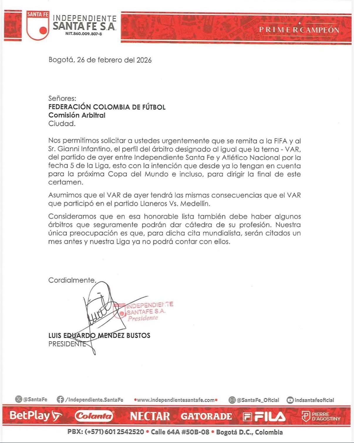 Carta de Santa Fe dirigida a la comisión arbitral de la FCF.