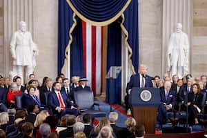 President Donald Trump delivers remarks after being sworn in as the 47th President of the United States during the 60th Presidential Inauguration in the Rotunda of the U.S. Capitol in Washington, Monday, Jan. 20, 2025. (Shawn Thew/Pool photo via AP)