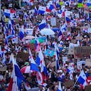 Demonstrators protest against a recently approved mining contract between the government and Canadian mining company First Quantum, in Panama City, Thursday, Oct. 26, 2023. (AP Photo/Arnulfo Franco)