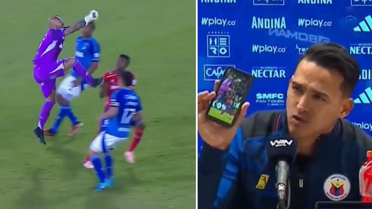 Diego Novoa salió a puñetear una pelota y terminó impactando al volante Johan Caicedo
